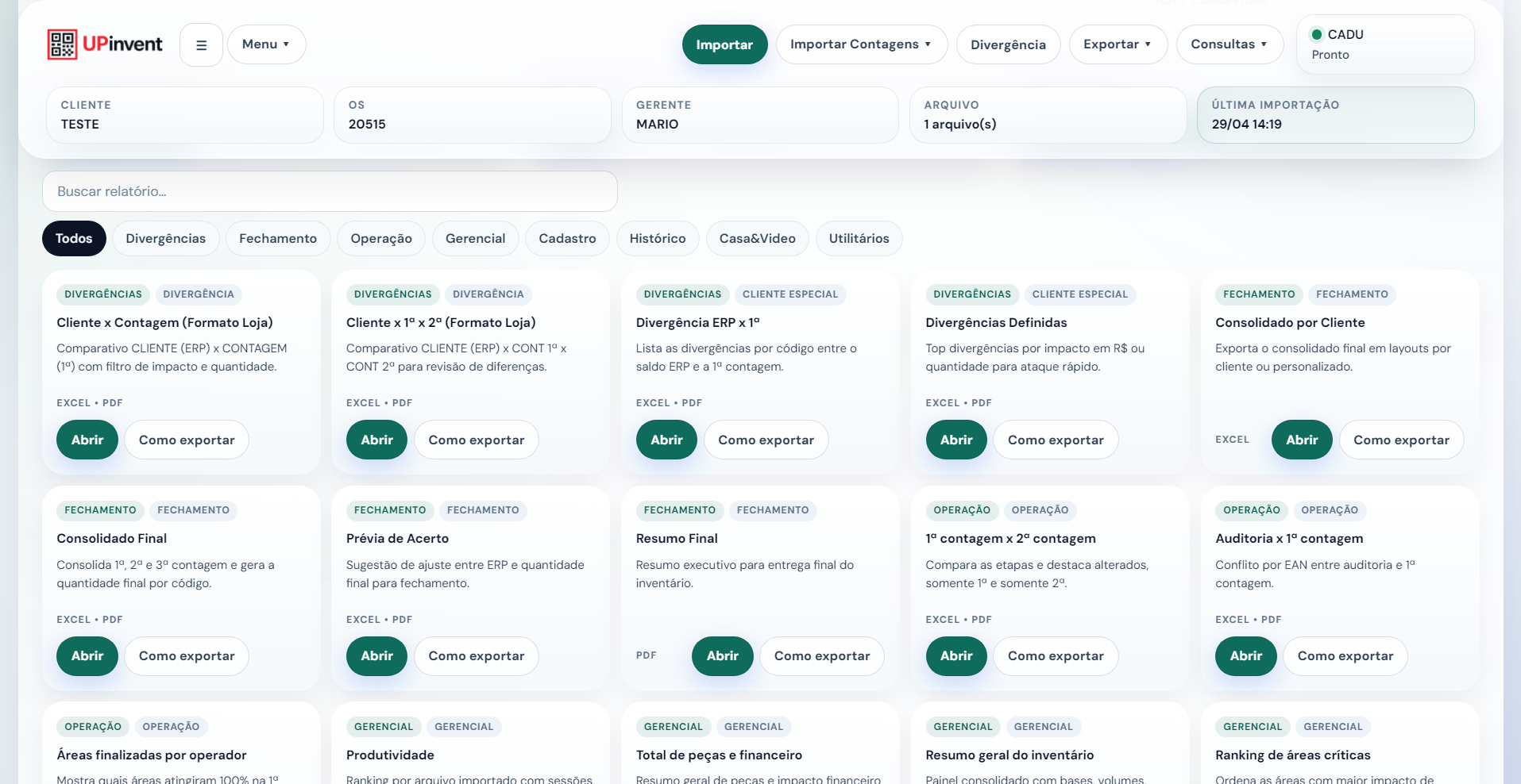 Tela de exemplo da central de relatórios do sistema UPinvent